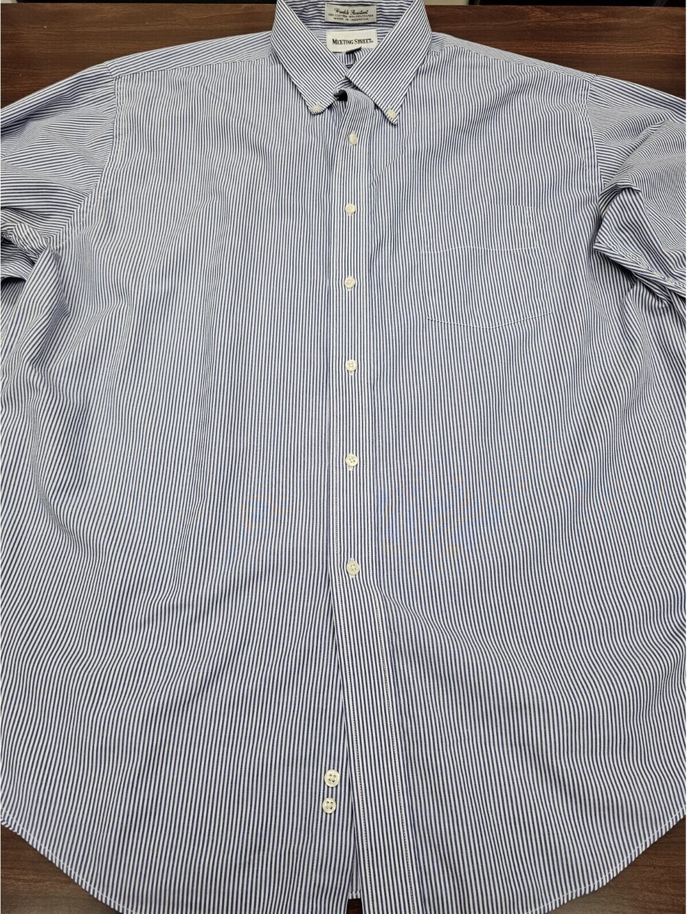 Meeting Street Mens Dress Shirt 17.5 34/35 Blue White Stripe Button Down Collar